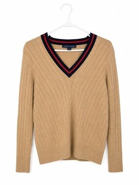Tommy Hilfiger Camel V-Neck Sweater with Navy & Red Trim